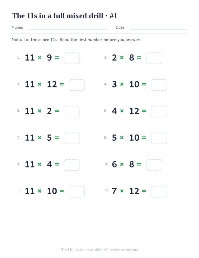 Twelve equations drawn from every table between 2 and 12, half of them 11 times something, all with empty boxes.