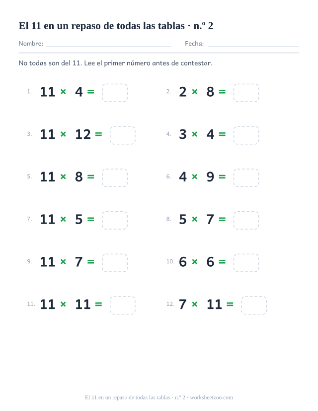 Una segunda hoja de doce operaciones de tablas mezcladas con la del 11, numeradas en dos columnas.