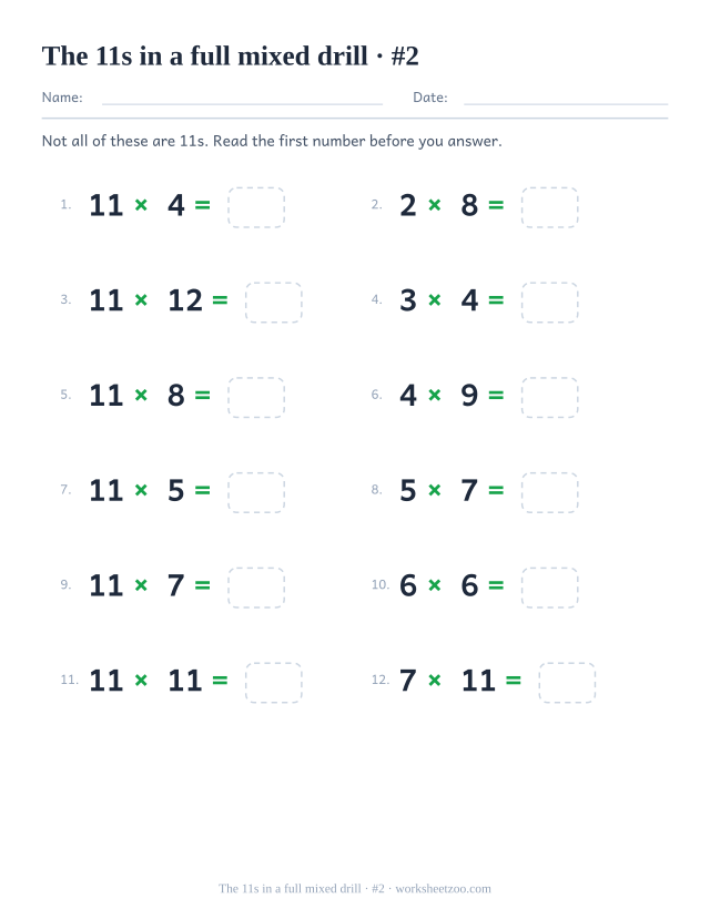 A second page of twelve mixed-table equations including the 11 times table, numbered in two columns.