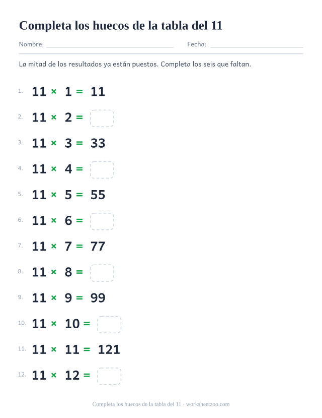 La tabla del 11 en orden con los resultados impares impresos y los pares en casillas vacías.