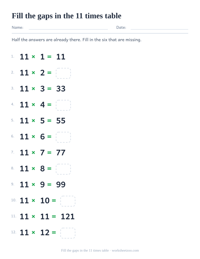 The 11 times table in order with the odd-numbered answers printed and the even ones left as empty boxes.