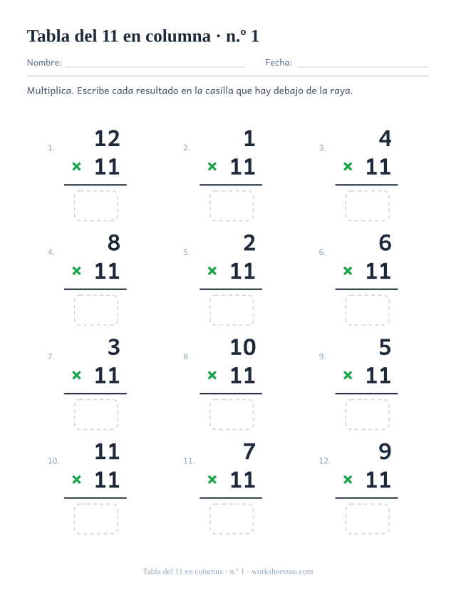 Doce multiplicaciones en vertical con el 11 como factor de abajo, una raya y una casilla vacía debajo (juego 1).