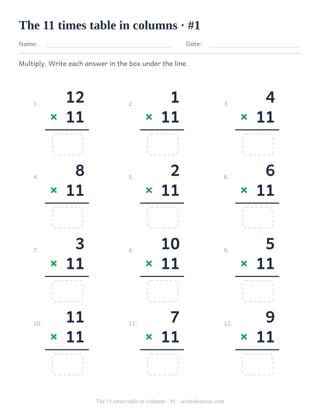 Twelve vertical multiplications with 11 as the lower factor, a rule under each and an empty answer box below (set 1).