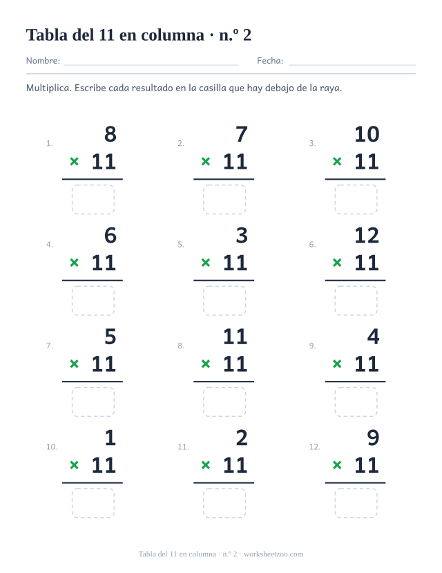 Doce multiplicaciones en vertical con el 11 como factor de abajo, una raya y una casilla vacía debajo (juego 2).