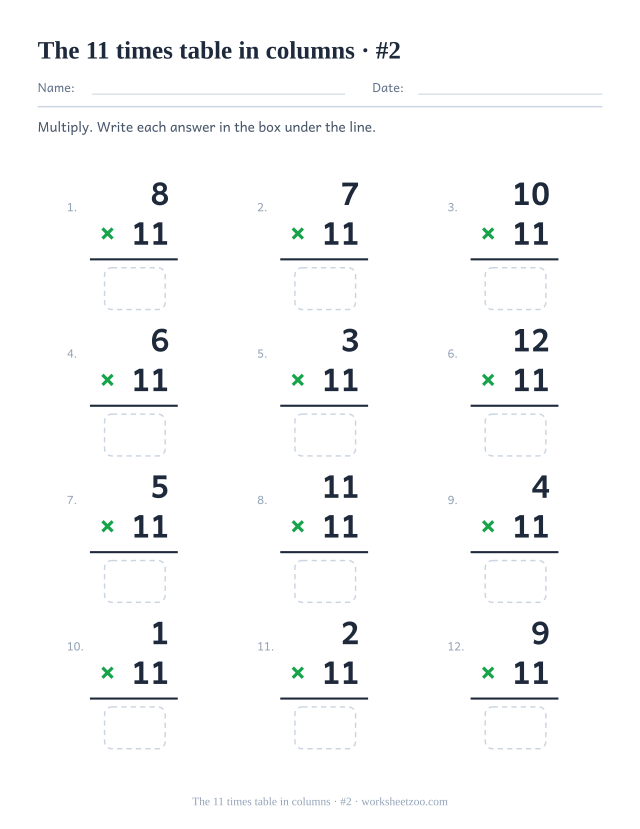 Twelve vertical multiplications with 11 as the lower factor, a rule under each and an empty answer box below (set 2).