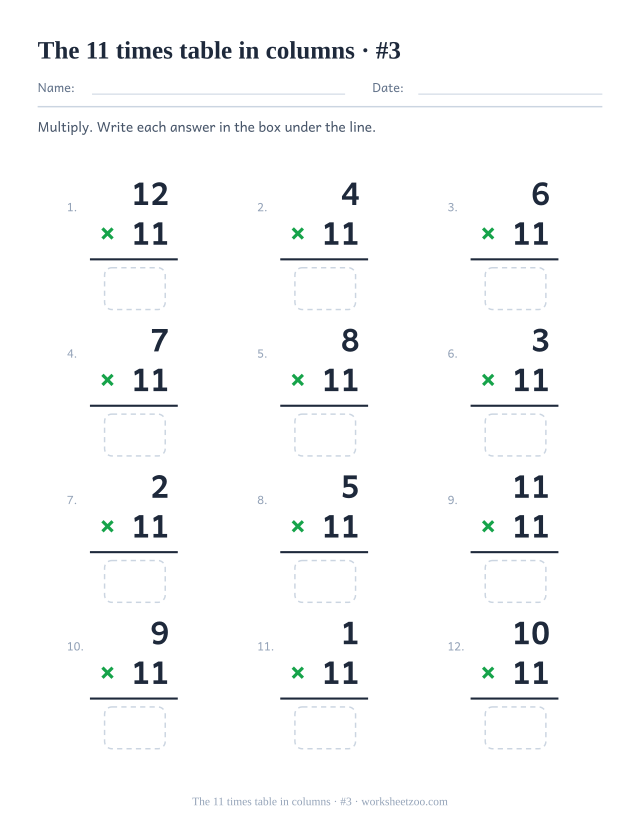 Twelve vertical multiplications with 11 as the lower factor, a rule under each and an empty answer box below (set 3).