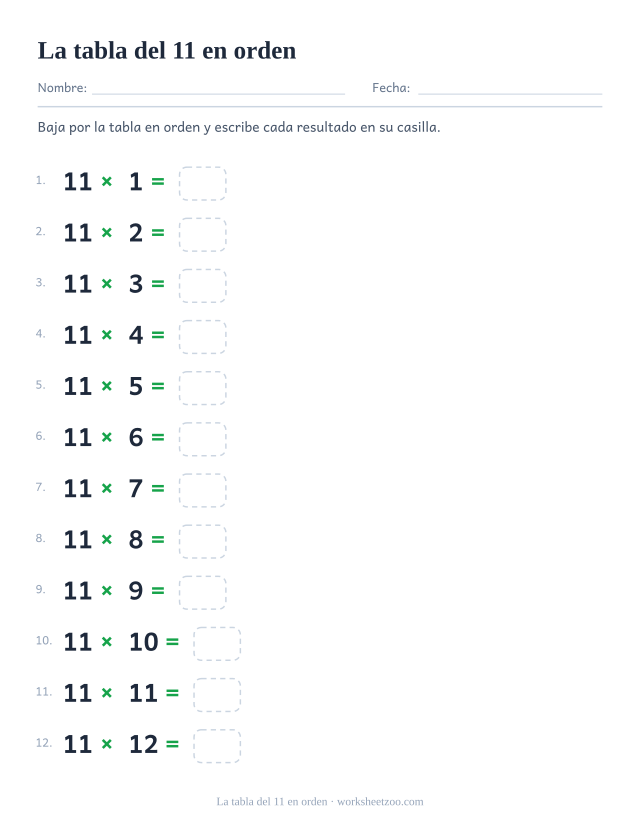Lista numerada de doce operaciones de 11 x 1 a 11 x 12, cada una con una casilla vacía al final.