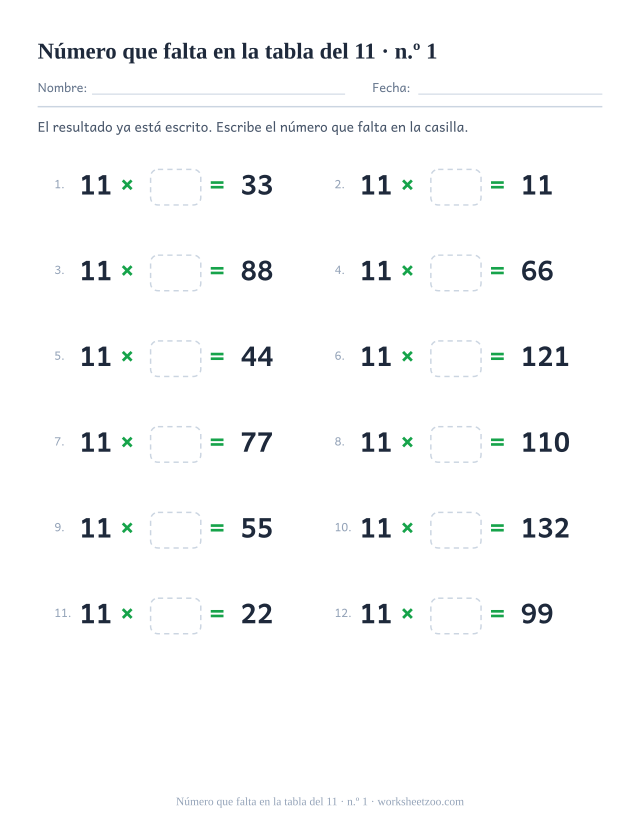 Doce operaciones con 11 x casilla vacía = resultado impreso, en dos columnas de seis (juego 1).