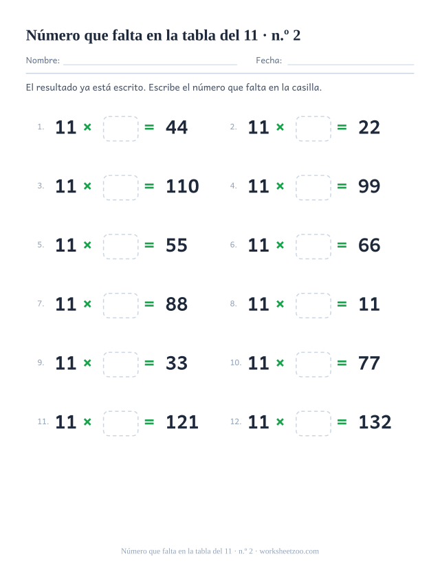 Doce operaciones con 11 x casilla vacía = resultado impreso, en dos columnas de seis (juego 2).