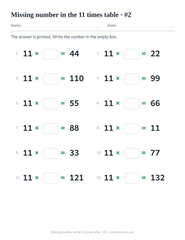 Twelve equations reading 11 x empty box = a printed product, in two columns of six (set 2).