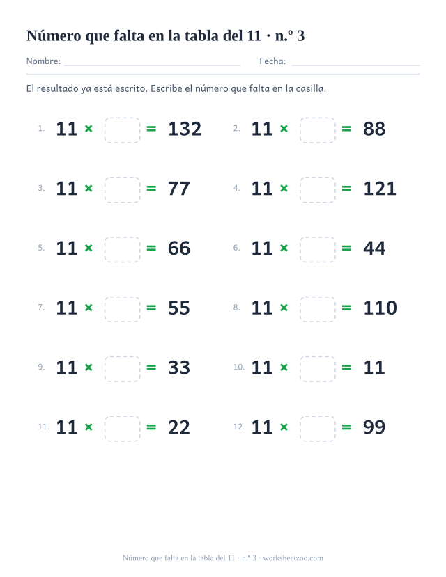 Doce operaciones con 11 x casilla vacía = resultado impreso, en dos columnas de seis (juego 3).