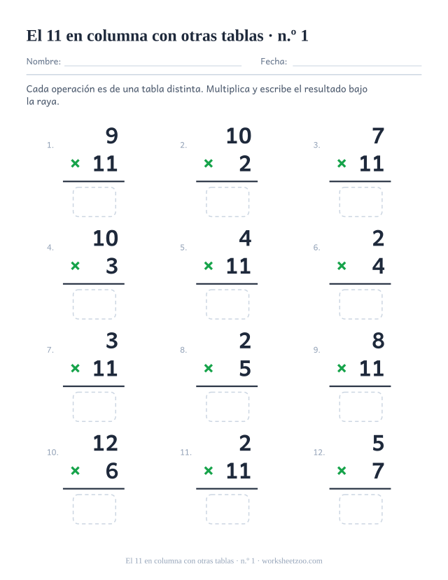 Doce multiplicaciones en vertical de tablas mezcladas, la mitad con el 11, cada una con raya y casilla vacía (juego 1).