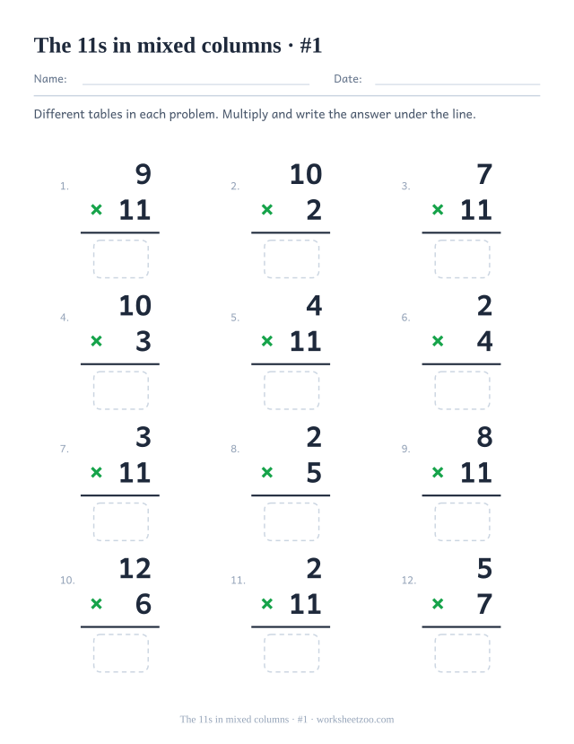 Twelve vertical multiplications from mixed tables, half featuring 11, each with a rule and an empty answer box (set 1).