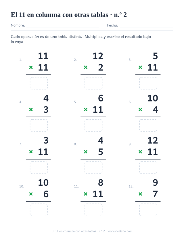 Doce multiplicaciones en vertical de tablas mezcladas, la mitad con el 11, cada una con raya y casilla vacía (juego 2).