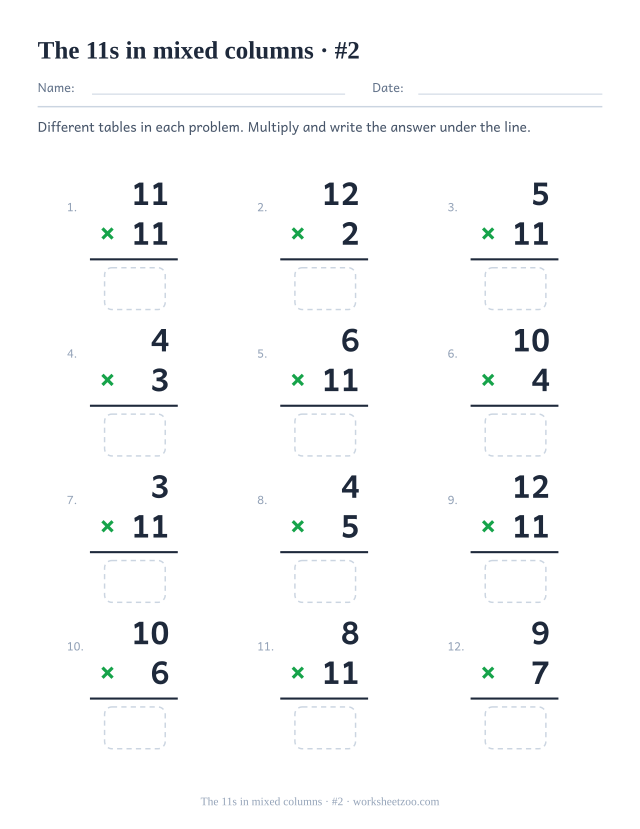Twelve vertical multiplications from mixed tables, half featuring 11, each with a rule and an empty answer box (set 2).