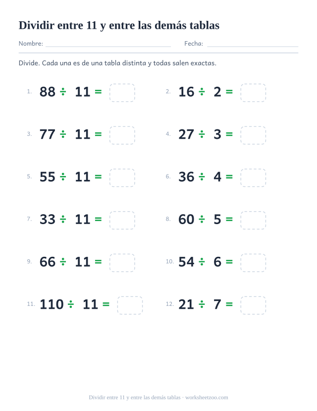 Doce divisiones de varias tablas, la mitad entre 11, cada una con una casilla vacía al final.