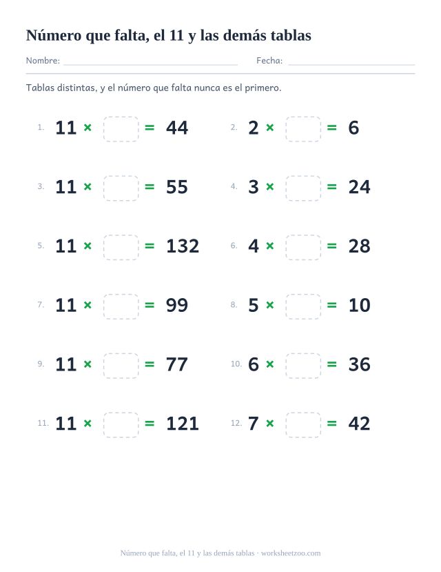 Doce operaciones de tablas mezcladas, la mitad del 11, con la forma número x casilla vacía = resultado impreso, en dos columnas de seis.