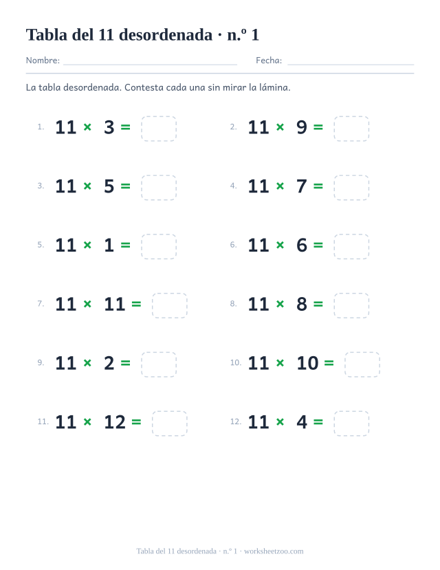 Doce multiplicaciones del 11 desordenadas en dos columnas de seis, numeradas y con casilla vacía (juego 1).