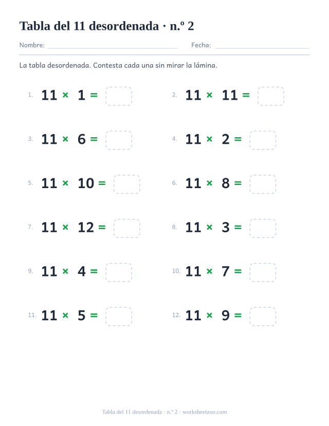 Doce multiplicaciones del 11 desordenadas en dos columnas de seis, numeradas y con casilla vacía (juego 2).