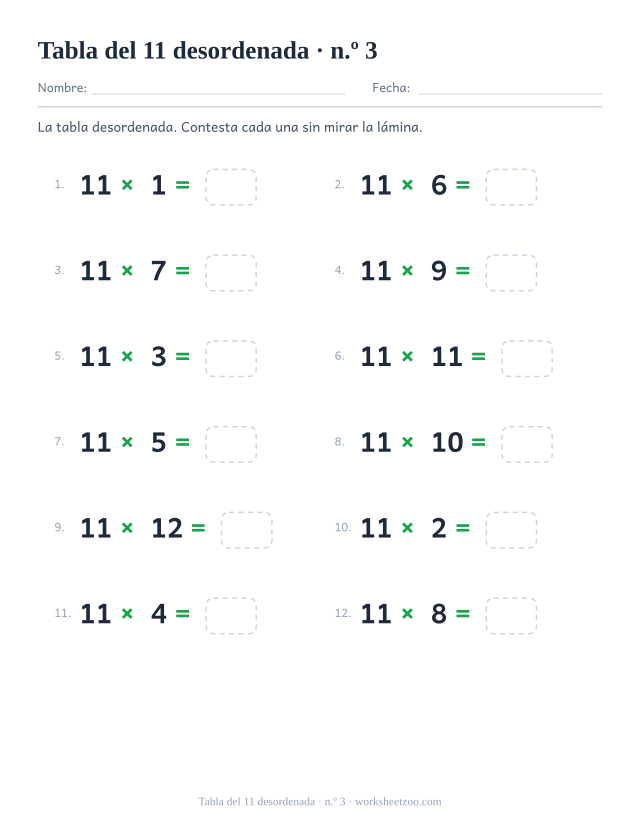 Doce multiplicaciones del 11 desordenadas en dos columnas de seis, numeradas y con casilla vacía (juego 3).