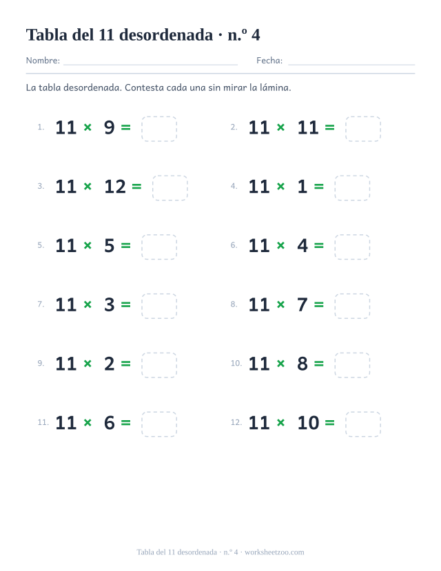 Doce multiplicaciones del 11 desordenadas en dos columnas de seis, numeradas y con casilla vacía (juego 4).