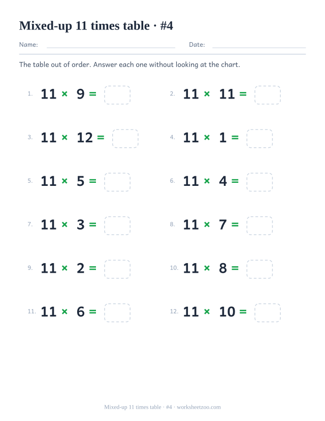 Twelve shuffled 11 times table equations in two columns of six, numbered, each ending in an empty answer box (set 4).