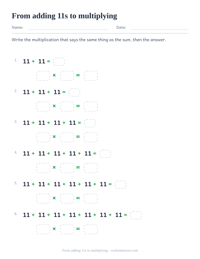 Six rows of repeated additions of 11 with an answer box, and under each an empty multiplication of three boxes.