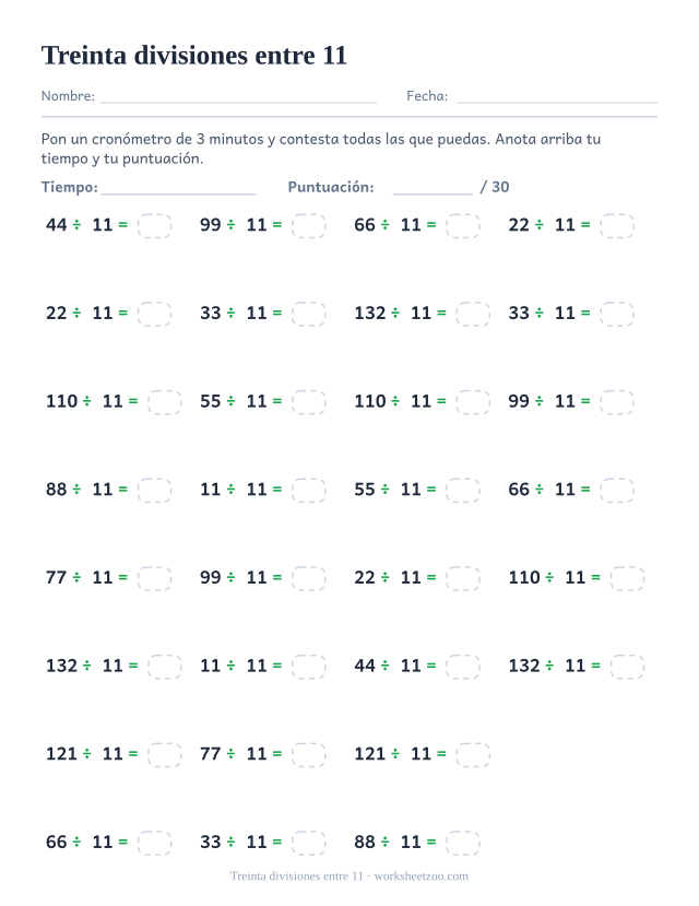 Treinta divisiones de múltiplos de 11 entre 11 en cuatro columnas, con encabezado de tiempo y puntuación.