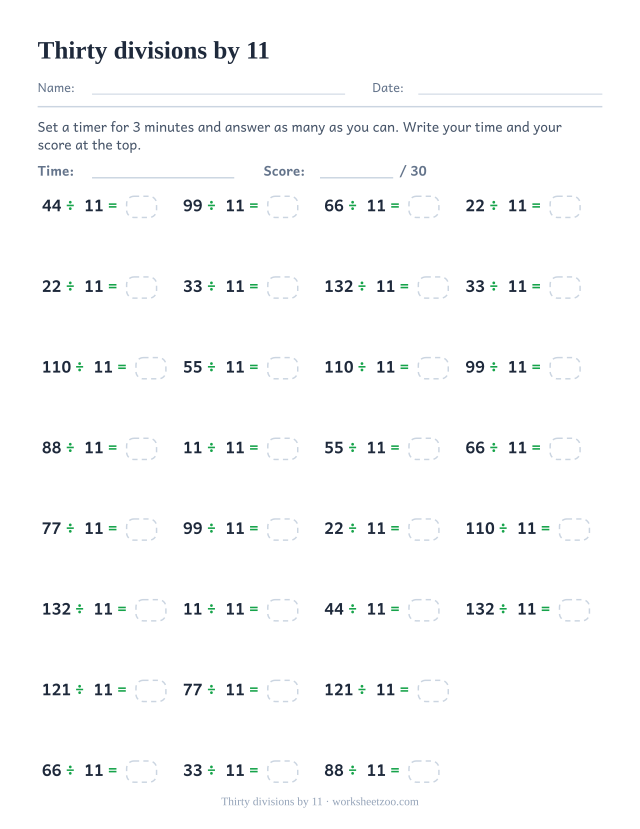 Thirty division equations dividing multiples of 11 by 11, in four columns, with a time and score header.