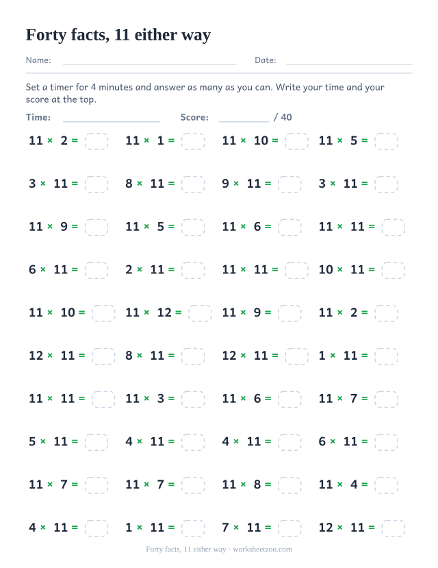 Forty timed equations with 11 as the first factor in some rows and the second in others, in four columns.