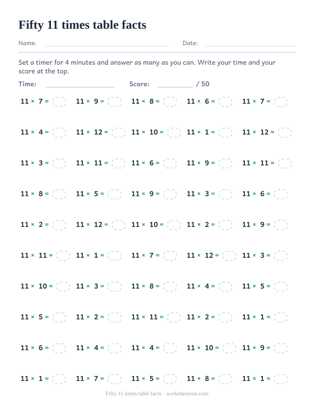Fifty 11 times table equations in five columns of ten with a time and score header.