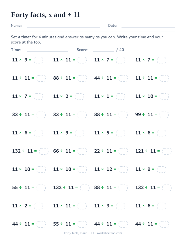 Forty timed items alternating 11 times facts and divisions by 11 down four columns.