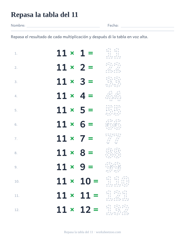 Doce renglones de 11 x 1 = a 11 x 12 = con los resultados de 11 a 132 punteados para repasar.