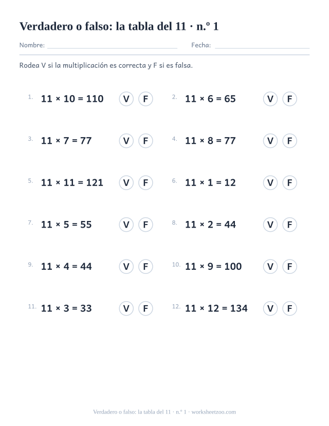 Doce multiplicaciones del 11 ya resueltas, cada una con un círculo V y un círculo F para rodear (juego 1).