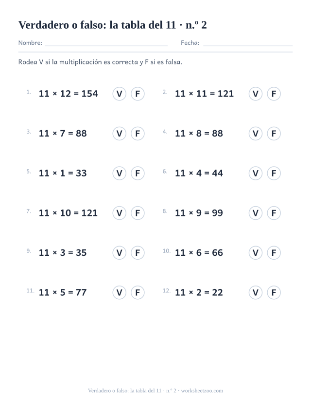 Doce multiplicaciones del 11 ya resueltas, cada una con un círculo V y un círculo F para rodear (juego 2).