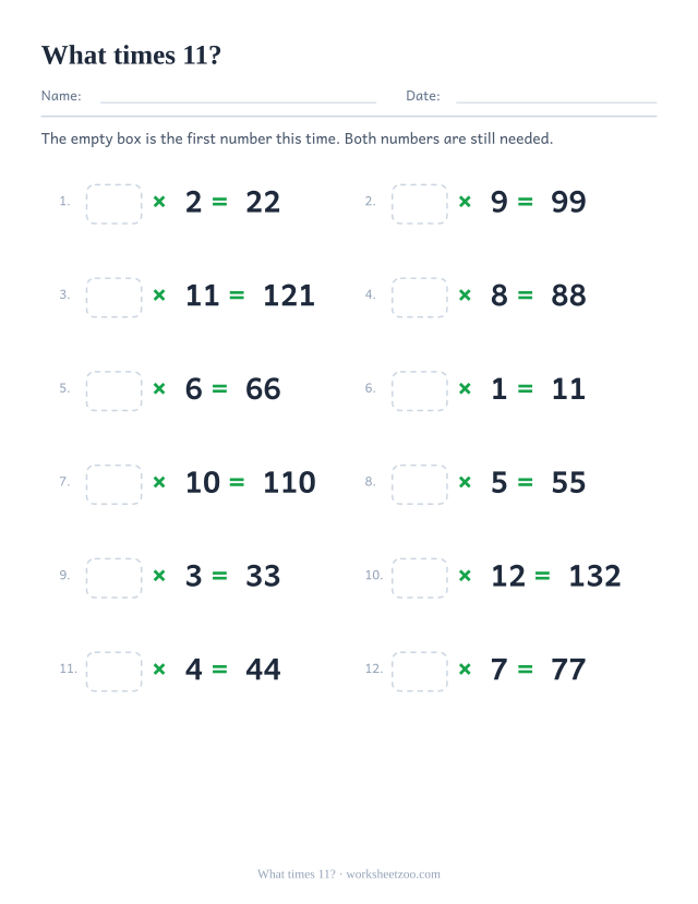 Twelve equations beginning with an empty box, then x 11 and a printed answer, in two columns.