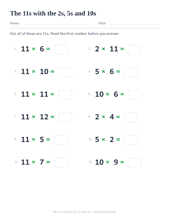 Twelve equations alternating between the 11 times table and the 2, 5 and 10 tables, each with an empty answer box.