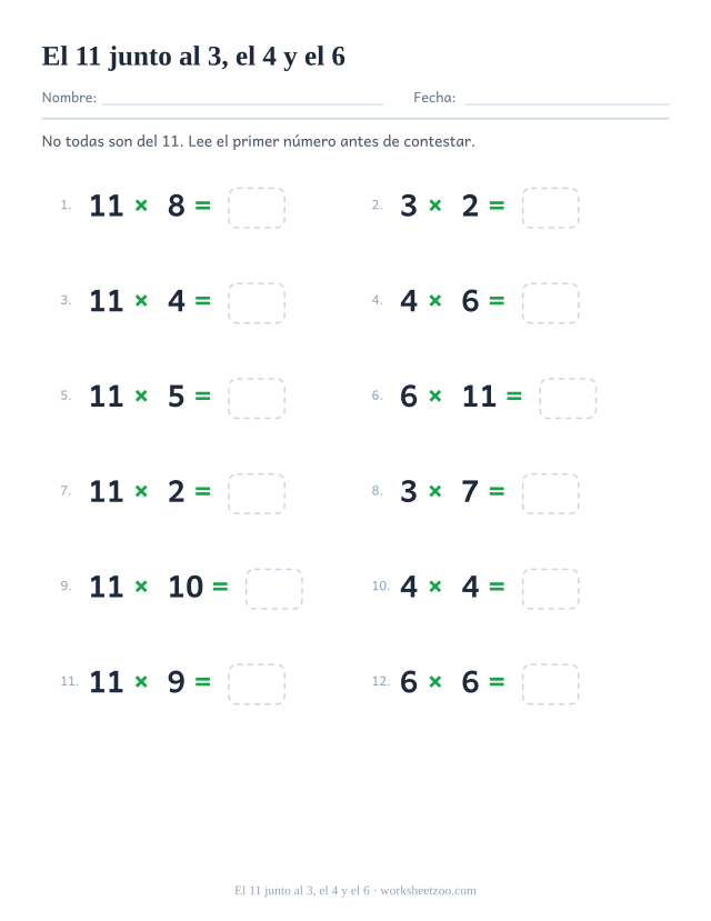 Doce operaciones mezcladas de las tablas del 11, del 3, del 4 y del 6 en dos columnas de seis.