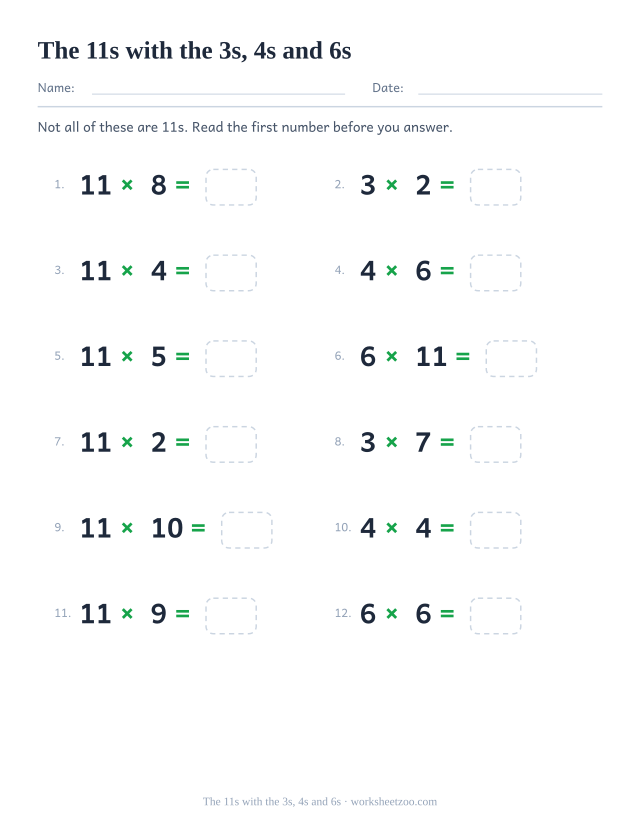 Twelve mixed equations drawn from the 11, 3, 4 and 6 times tables in two columns of six.