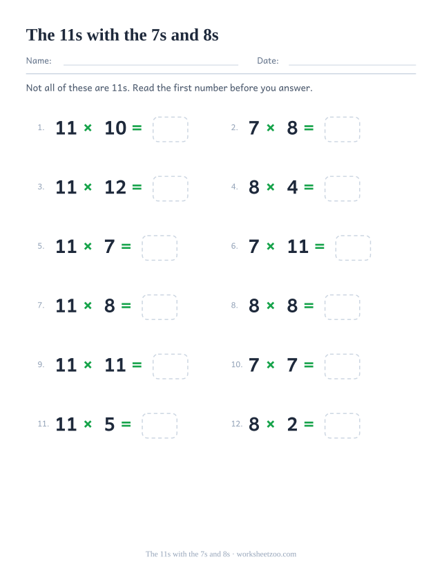 Twelve equations mixing the 11, 7 and 8 times tables, numbered, each ending in an empty box.