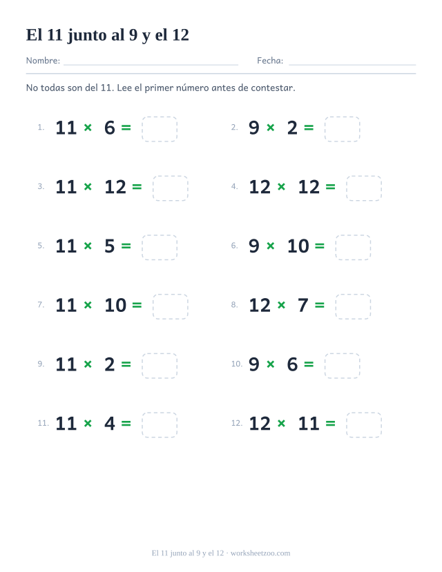 Doce operaciones que mezclan las tablas del 11, del 9 y del 12, varias con resultados de tres cifras, todas con casilla vacía.