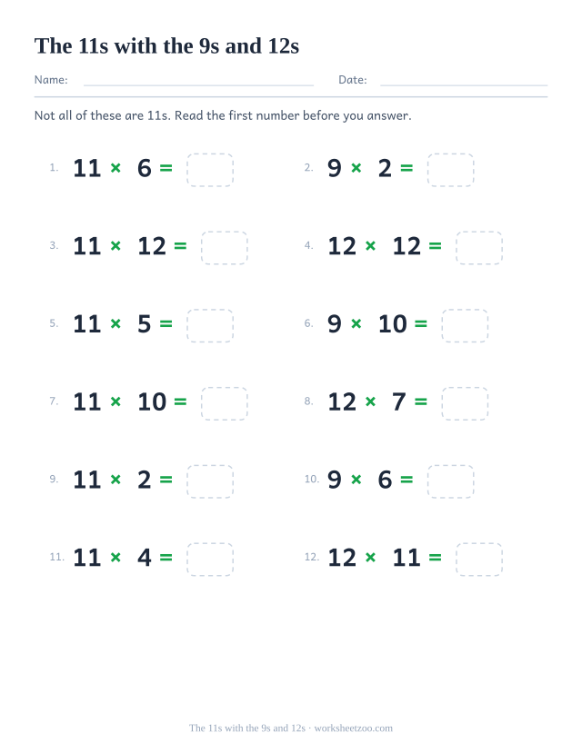 Twelve equations mixing the 11, 9 and 12 times tables, several with three-digit answers, each with an empty box.