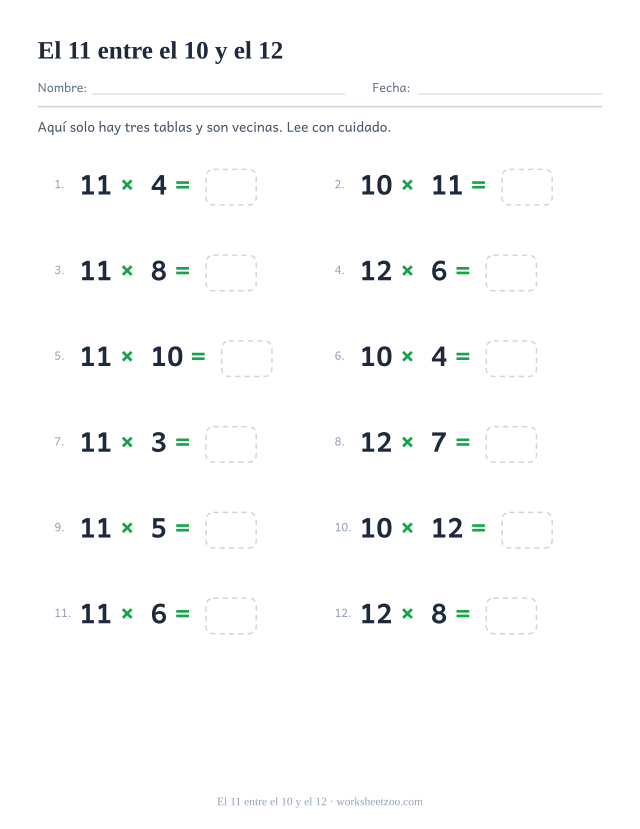 Doce operaciones solo de las tablas del 10, del 11 y del 12, en dos columnas de seis con casillas vacías.