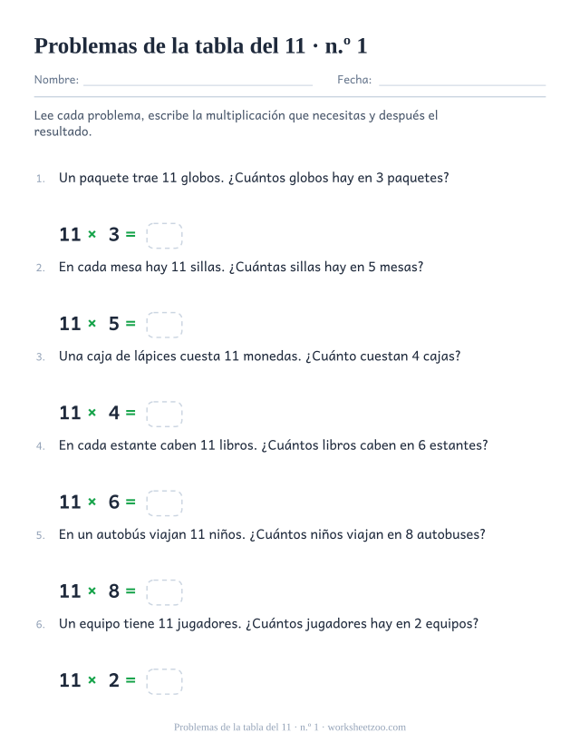 Seis problemas numerados sobre grupos iguales de 11, cada uno seguido de una multiplicación impresa con casilla vacía.