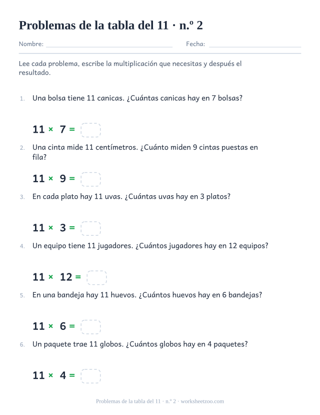 Seis problemas numerados con grupos grandes de 11, cada uno con una multiplicación y una casilla vacía debajo.