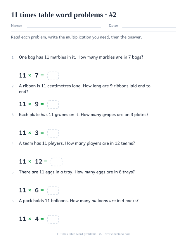 Six numbered word problems with larger groups of 11, each with a multiplication and an empty answer box underneath.