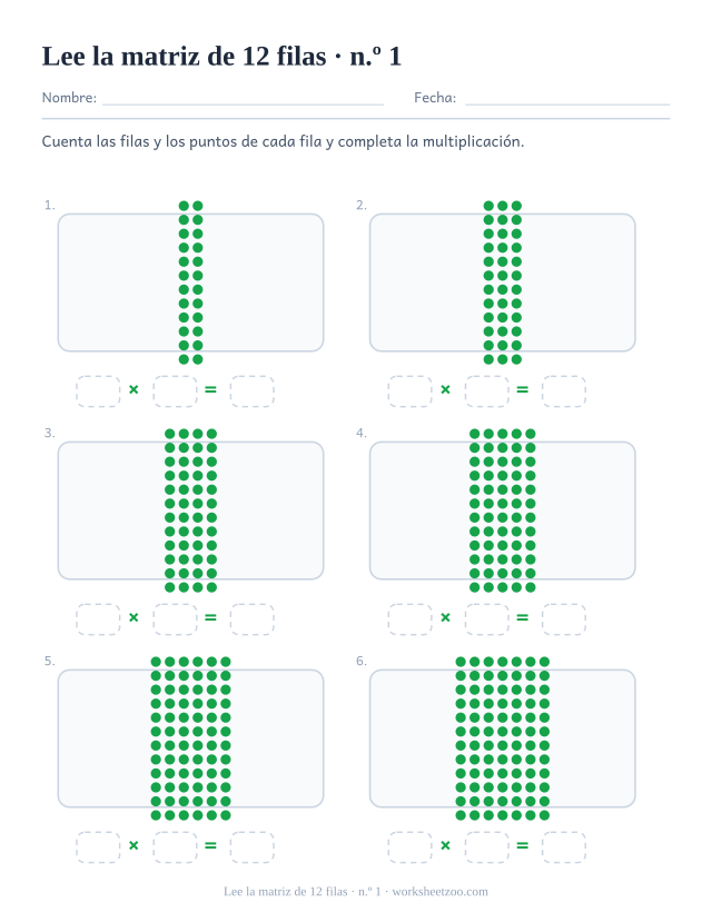 Seis rectángulos de puntos verdes de 12 filas cada uno, sobre tres casillas vacías que forman una multiplicación (juego 1).