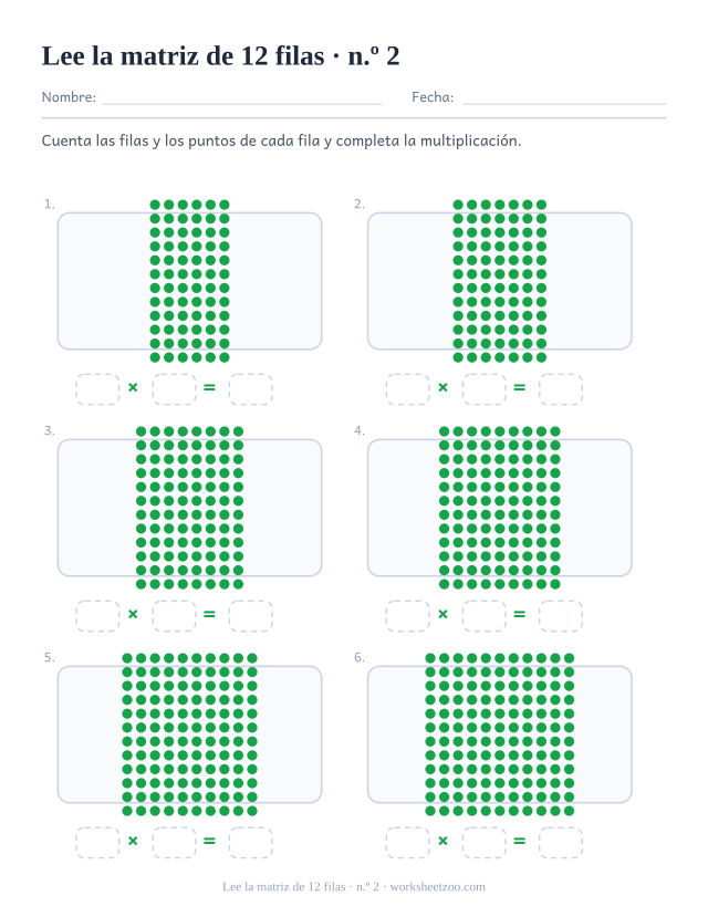 Seis rectángulos de puntos verdes de 12 filas cada uno, sobre tres casillas vacías que forman una multiplicación (juego 2).
