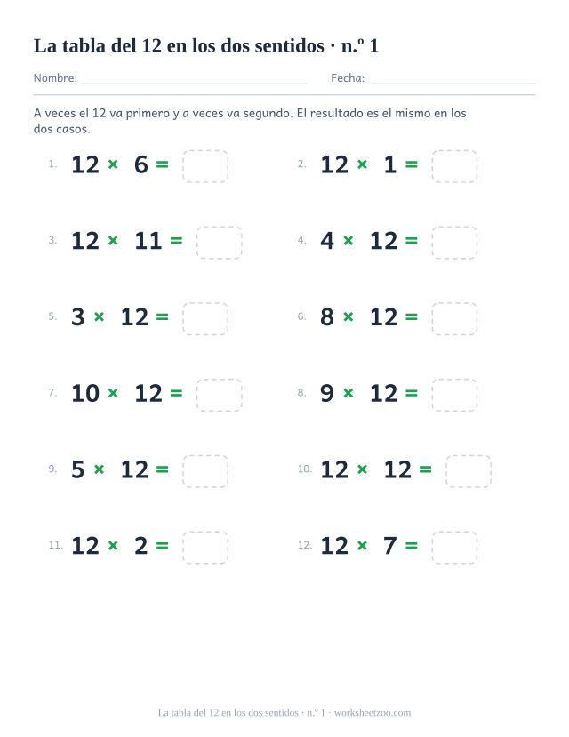 Doce operaciones en las que el 12 unas veces va delante y otras detrás, todas con casilla vacía (juego 1).