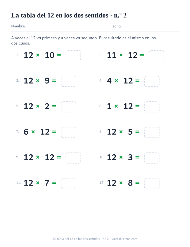 Doce operaciones en las que el 12 unas veces va delante y otras detrás, todas con casilla vacía (juego 2).